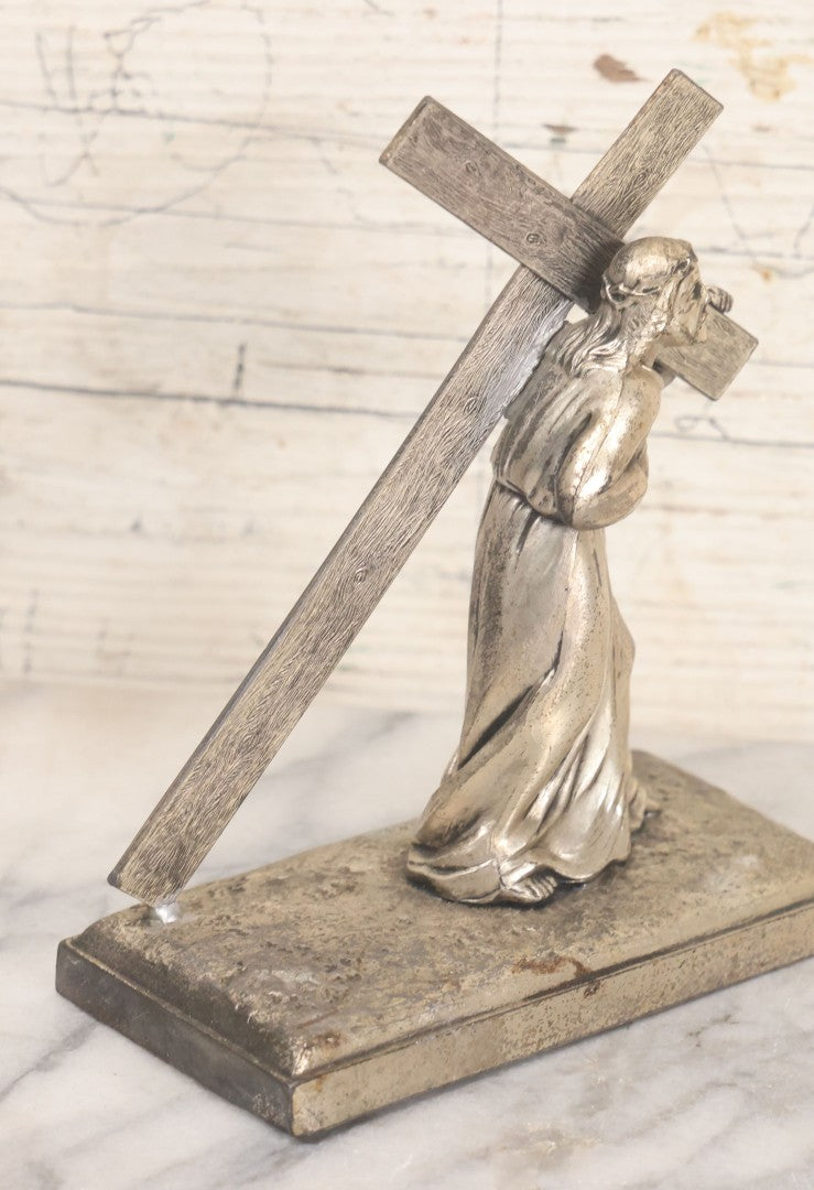 Lot 009 - Antique Devotional Metal Statue Of Jesus Christ Bearing The Cross With Silver Finish, Marked "Made In France," No. 2251, 5-5/8" Height