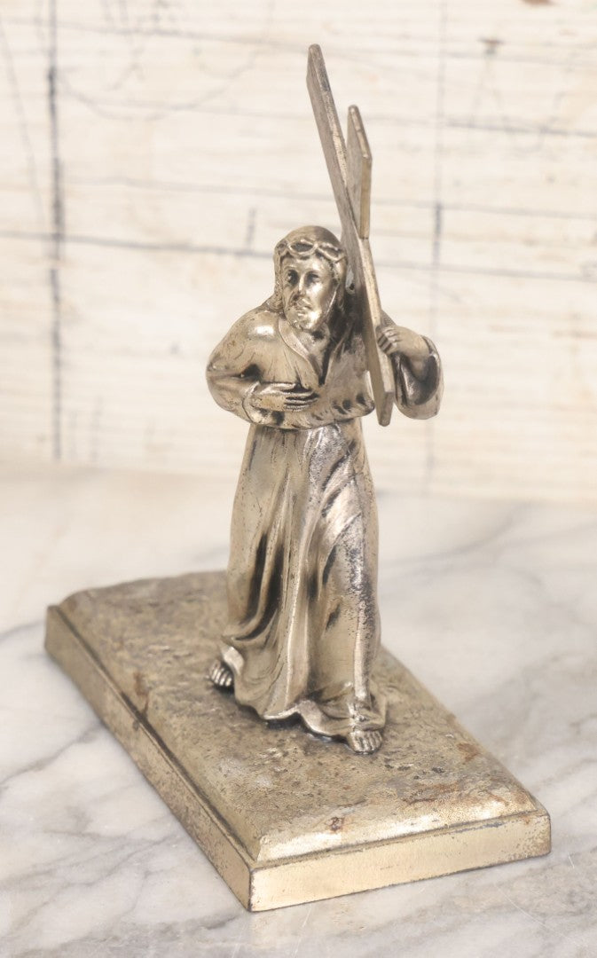 Lot 009 - Antique Devotional Metal Statue Of Jesus Christ Bearing The Cross With Silver Finish, Marked "Made In France," No. 2251, 5-5/8" Height