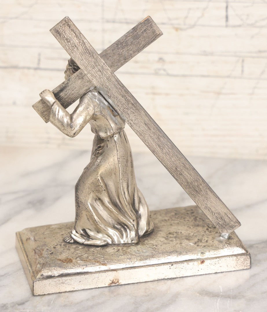 Lot 009 - Antique Devotional Metal Statue Of Jesus Christ Bearing The Cross With Silver Finish, Marked "Made In France," No. 2251, 5-5/8" Height