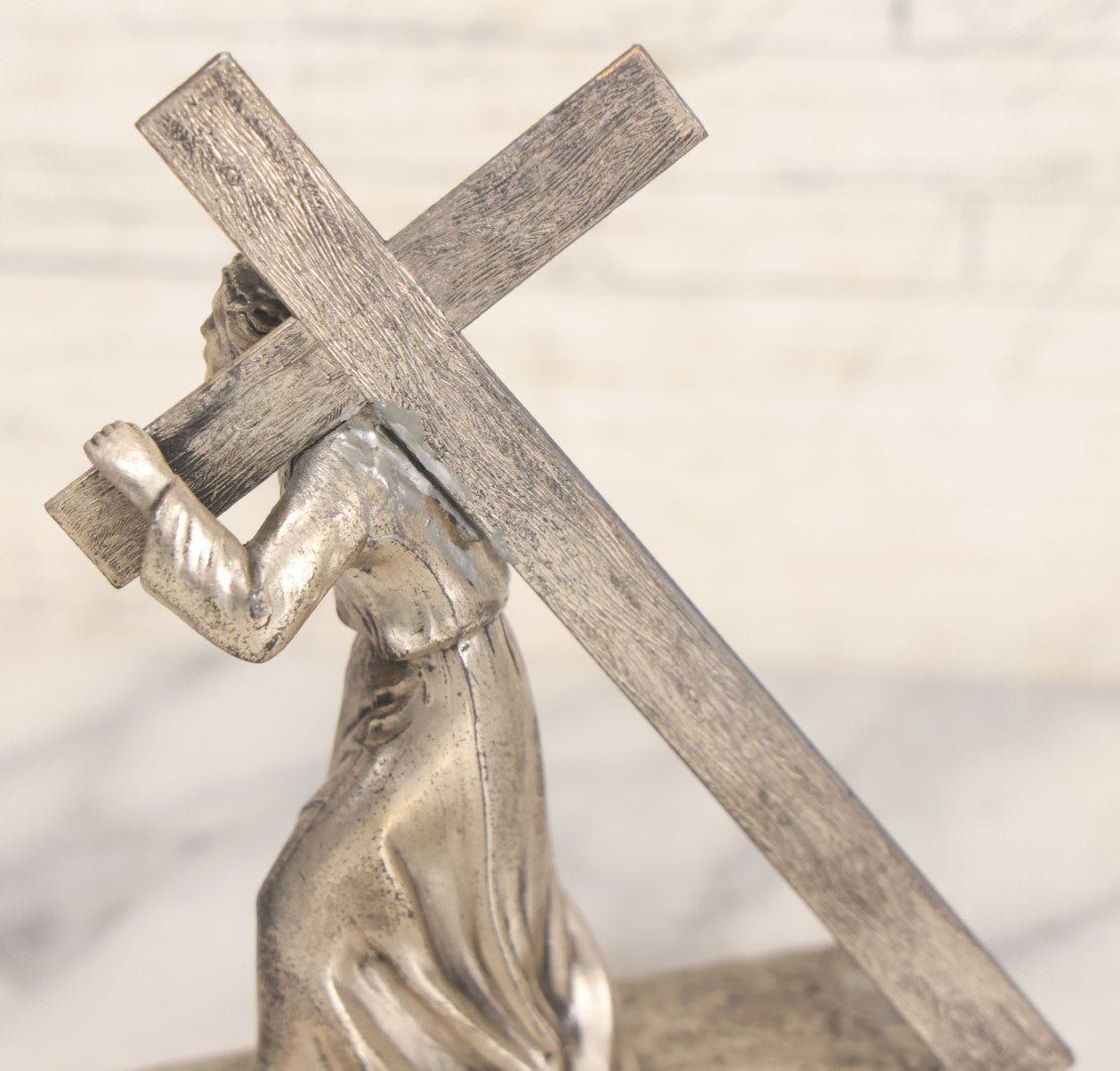Lot 009 - Antique Devotional Metal Statue Of Jesus Christ Bearing The Cross With Silver Finish, Marked "Made In France," No. 2251, 5-5/8" Height
