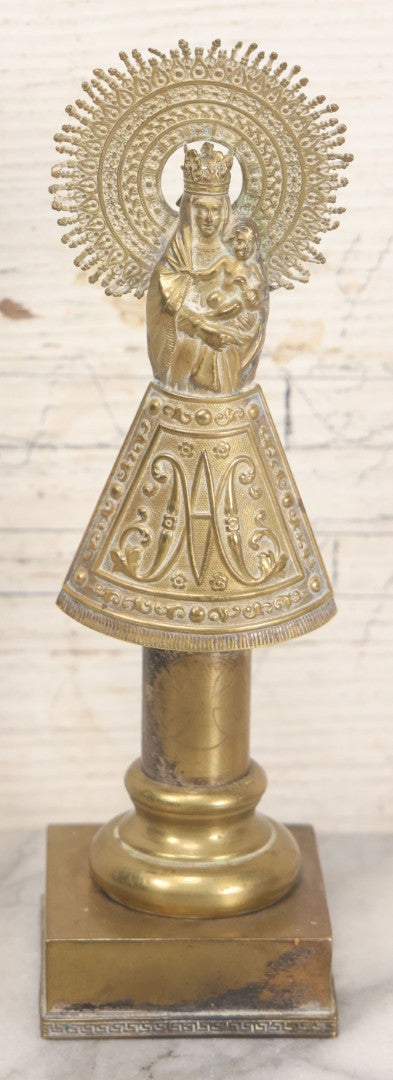 Lot 010 - Antique European Pressed Brass Virgin Mary Holding Child Devotional Statue, Depicting Our Lady Of The Pillar, After The First Marian Apparition In Zaragoza, Spain, 7-1/4" Height