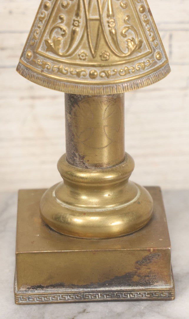 Lot 010 - Antique European Pressed Brass Virgin Mary Holding Child Devotional Statue, Depicting Our Lady Of The Pillar, After The First Marian Apparition In Zaragoza, Spain, 7-1/4" Height
