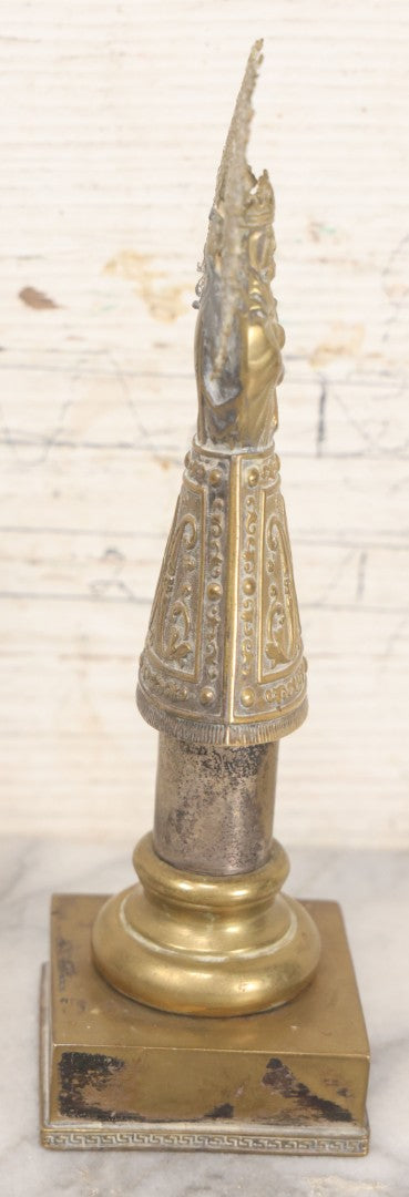 Lot 010 - Antique European Pressed Brass Virgin Mary Holding Child Devotional Statue, Depicting Our Lady Of The Pillar, After The First Marian Apparition In Zaragoza, Spain, 7-1/4" Height
