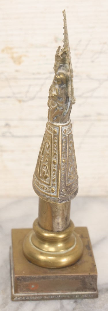 Lot 010 - Antique European Pressed Brass Virgin Mary Holding Child Devotional Statue, Depicting Our Lady Of The Pillar, After The First Marian Apparition In Zaragoza, Spain, 7-1/4" Height