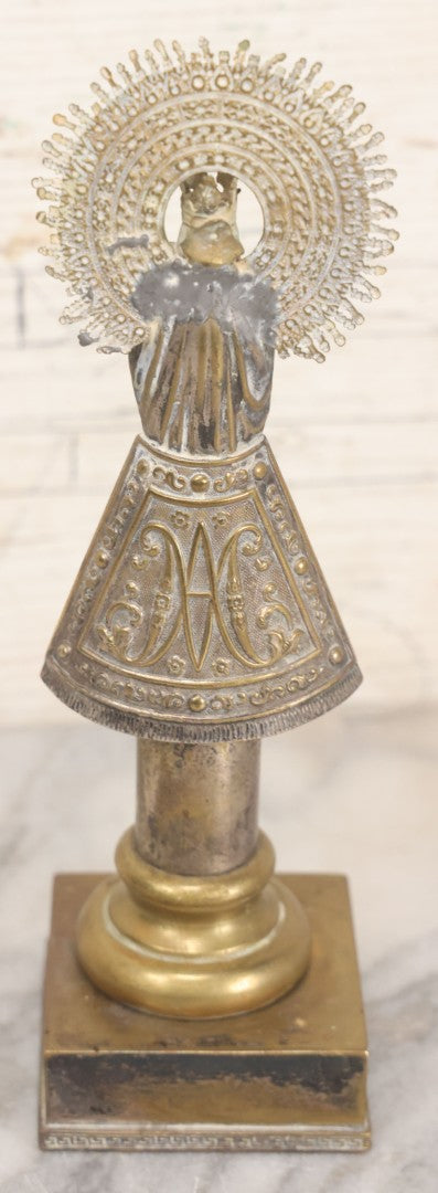 Lot 010 - Antique European Pressed Brass Virgin Mary Holding Child Devotional Statue, Depicting Our Lady Of The Pillar, After The First Marian Apparition In Zaragoza, Spain, 7-1/4" Height