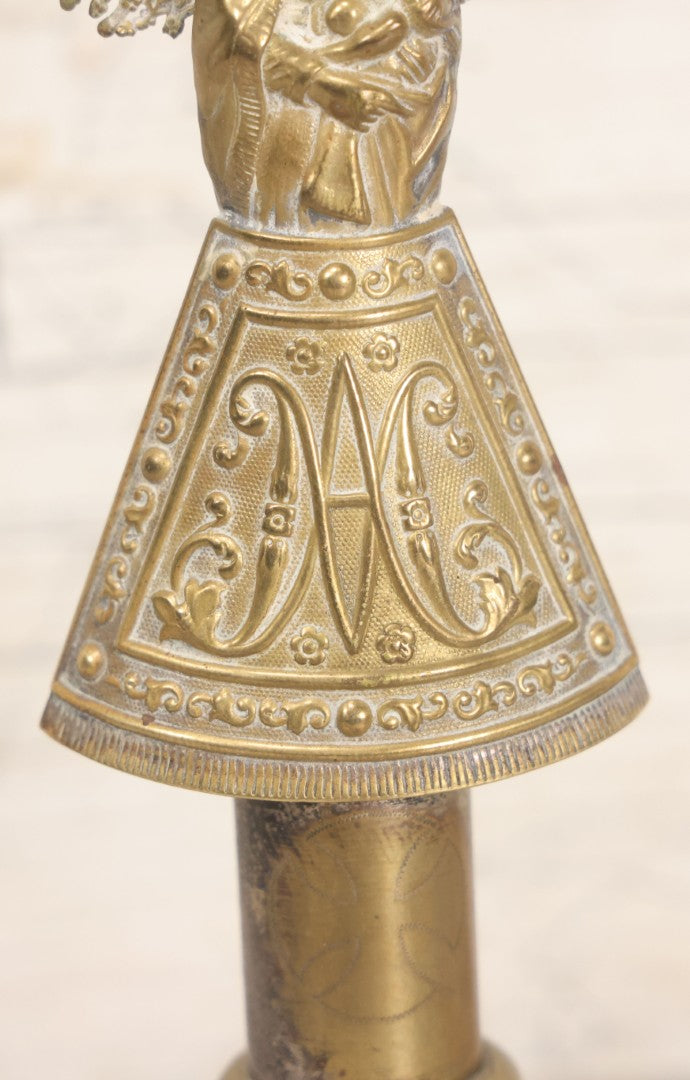 Lot 010 - Antique European Pressed Brass Virgin Mary Holding Child Devotional Statue, Depicting Our Lady Of The Pillar, After The First Marian Apparition In Zaragoza, Spain, 7-1/4" Height
