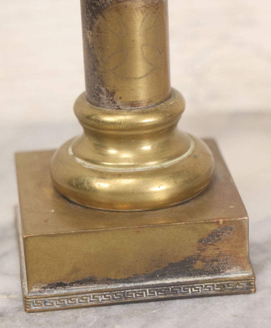 Lot 010 - Antique European Pressed Brass Virgin Mary Holding Child Devotional Statue, Depicting Our Lady Of The Pillar, After The First Marian Apparition In Zaragoza, Spain, 7-1/4" Height