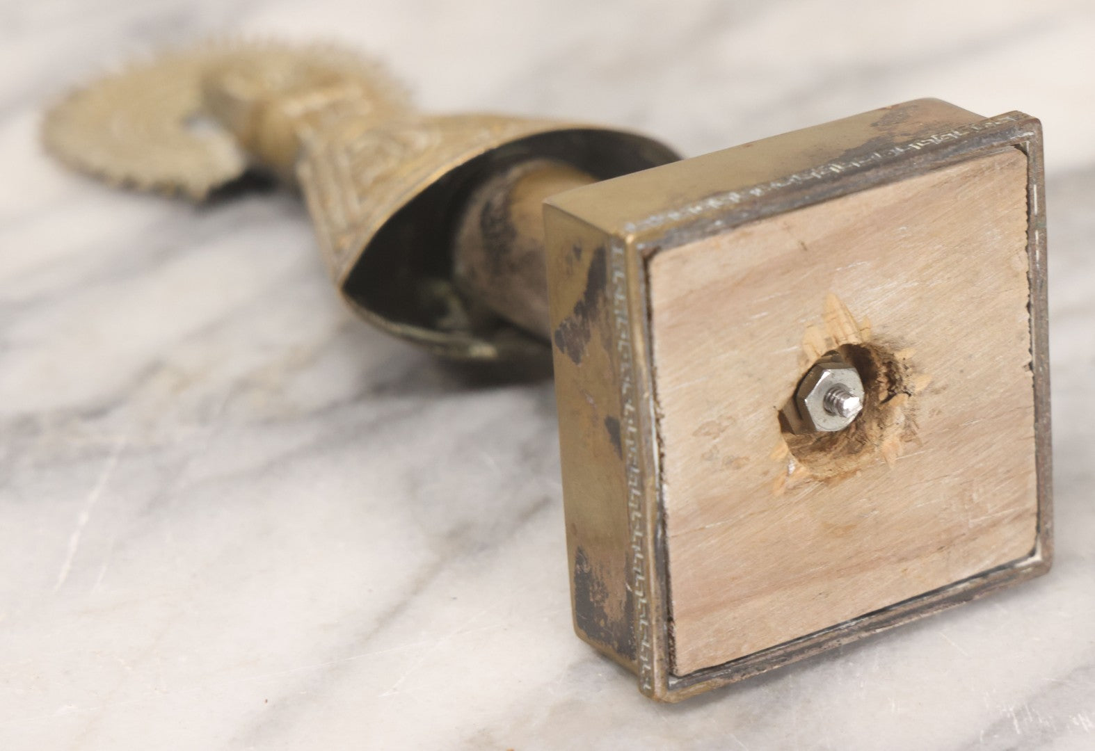 Lot 010 - Antique European Pressed Brass Virgin Mary Holding Child Devotional Statue, Depicting Our Lady Of The Pillar, After The First Marian Apparition In Zaragoza, Spain, 7-1/4" Height