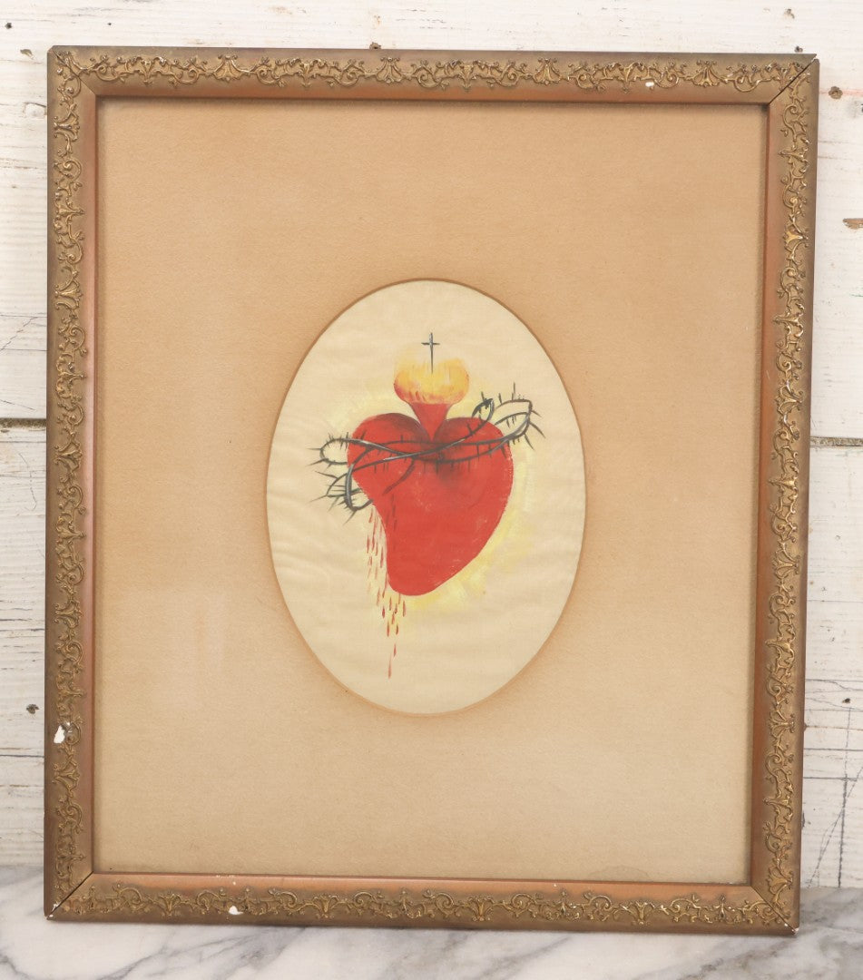Lot 011 - Antique Sacred Heart Painting On Silk With Oval Mat In Gold Frame, 13-1/2" x 15-1/2"