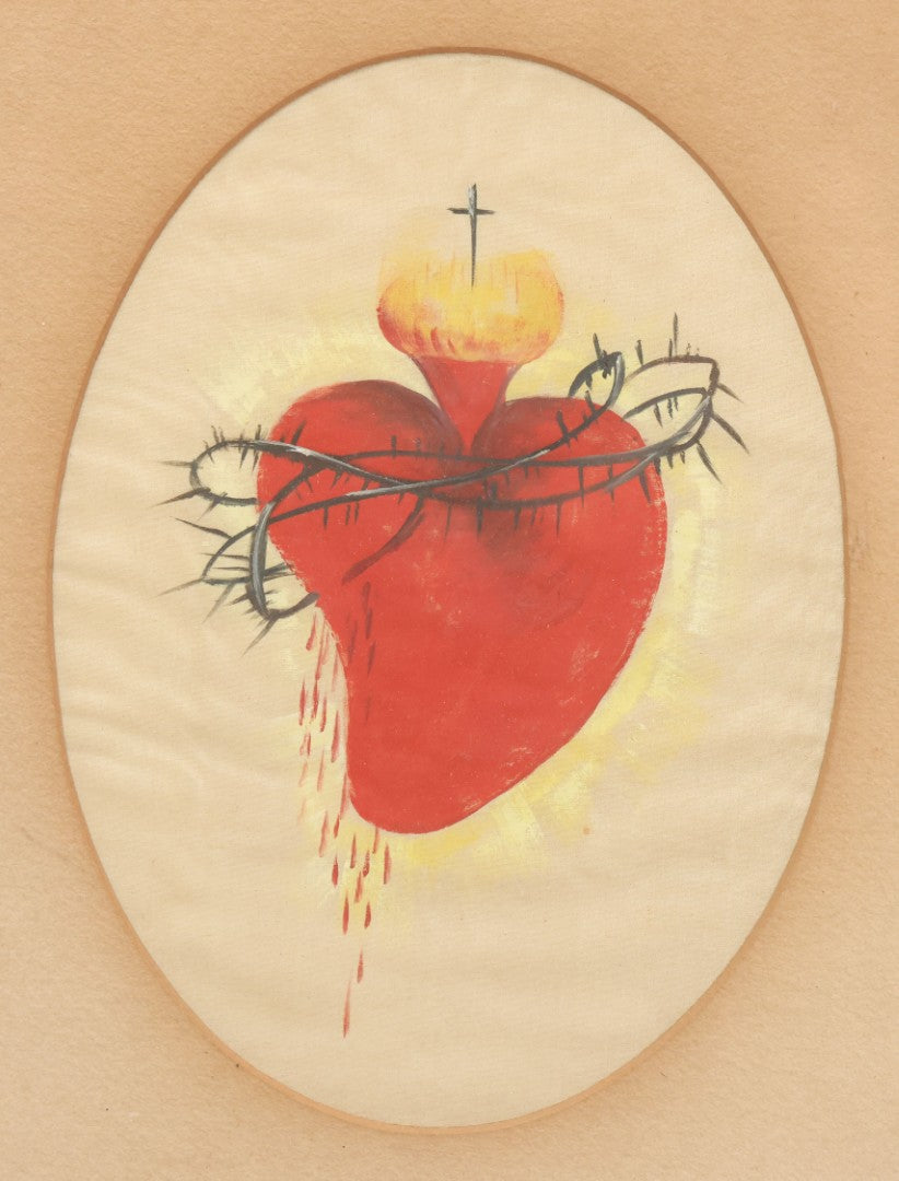 Lot 011 - Antique Sacred Heart Painting On Silk With Oval Mat In Gold Frame, 13-1/2" x 15-1/2"
