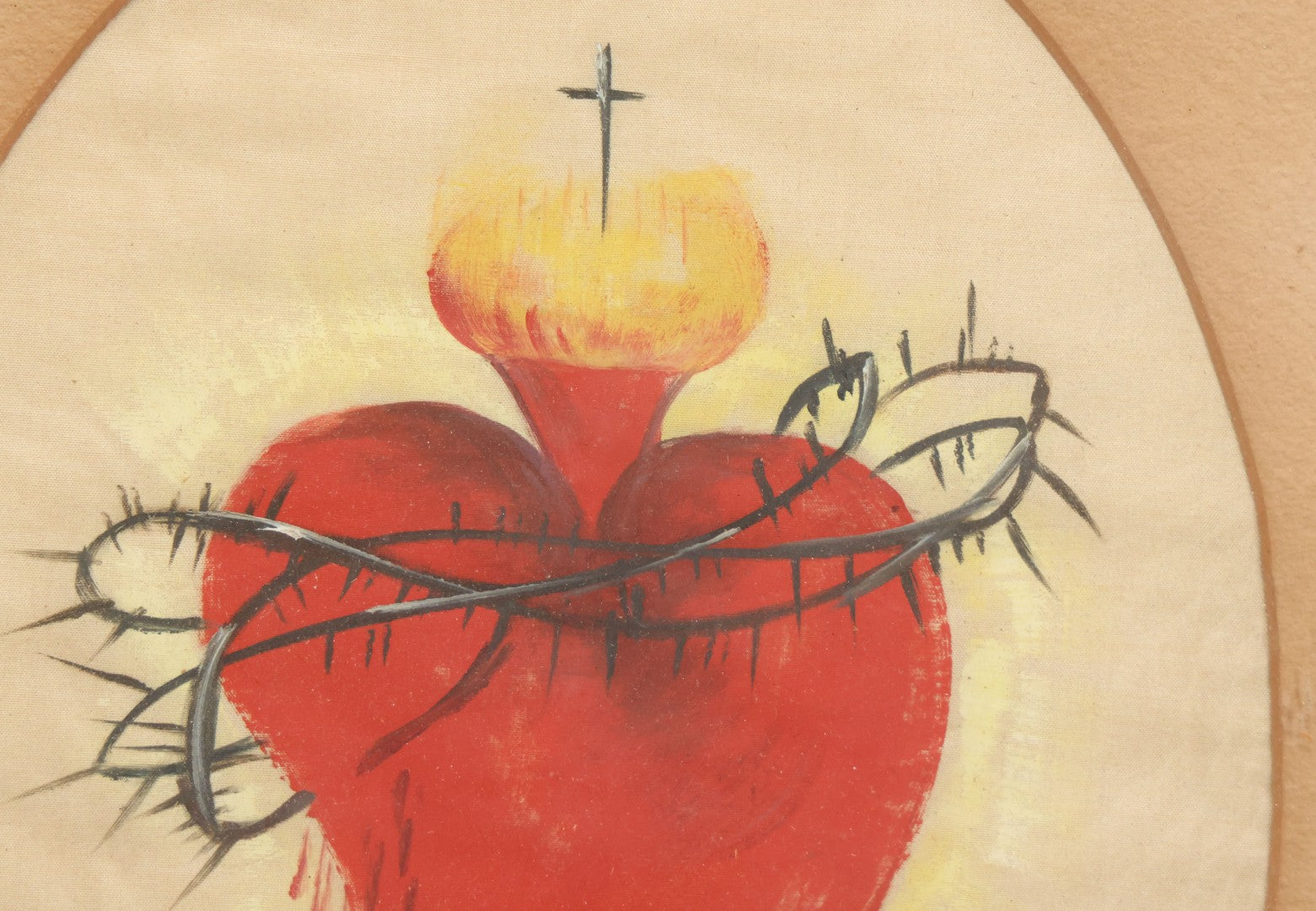 Lot 011 - Antique Sacred Heart Painting On Silk With Oval Mat In Gold Frame, 13-1/2" x 15-1/2"