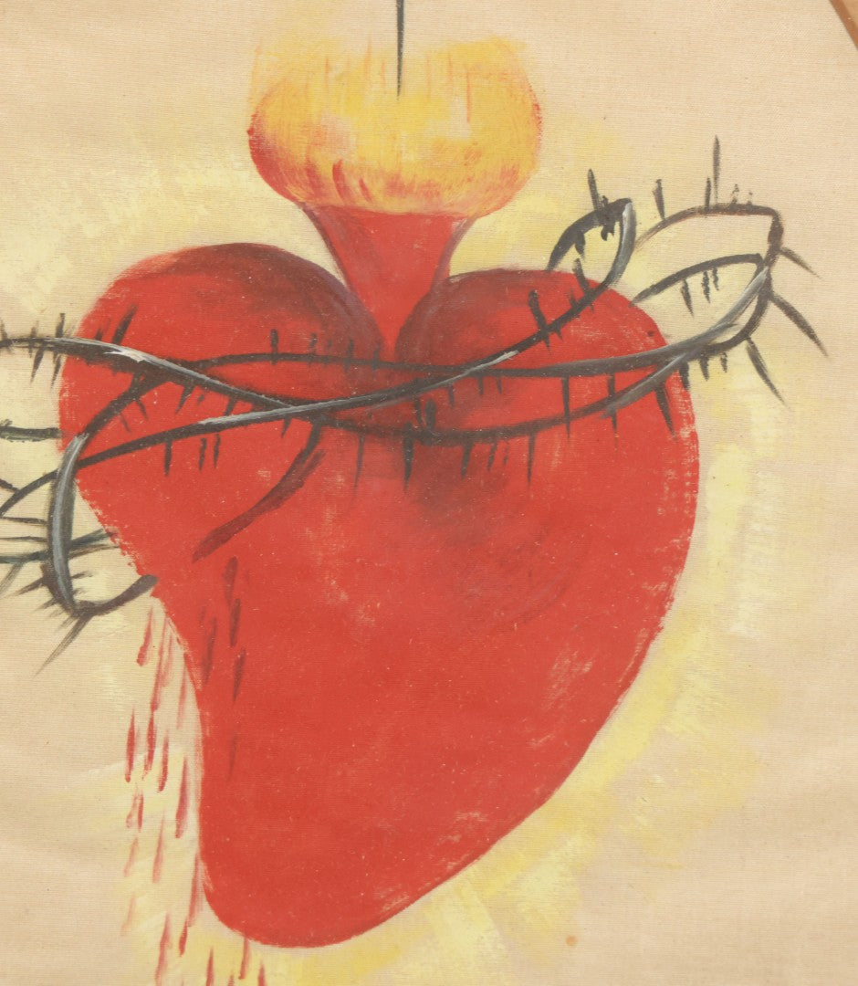 Lot 011 - Antique Sacred Heart Painting On Silk With Oval Mat In Gold Frame, 13-1/2" x 15-1/2"