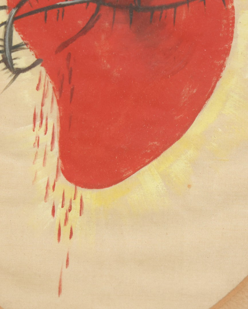 Lot 011 - Antique Sacred Heart Painting On Silk With Oval Mat In Gold Frame, 13-1/2" x 15-1/2"