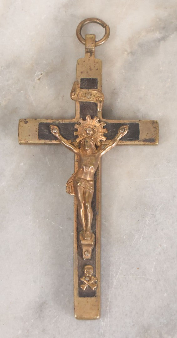 Lot 012 - Antique Ebony Wood And Brass Pectoral Crucifix With Skull Of Adam Skull And Crossbones, Likely European, 3-1/4" Height