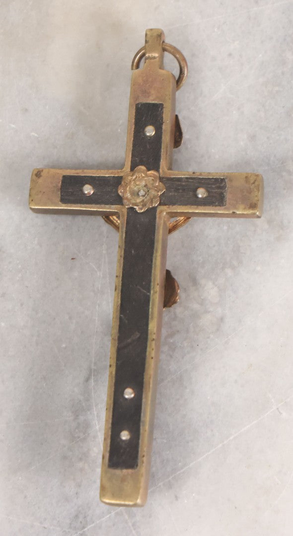 Lot 012 - Antique Ebony Wood And Brass Pectoral Crucifix With Skull Of Adam Skull And Crossbones, Likely European, 3-1/4" Height