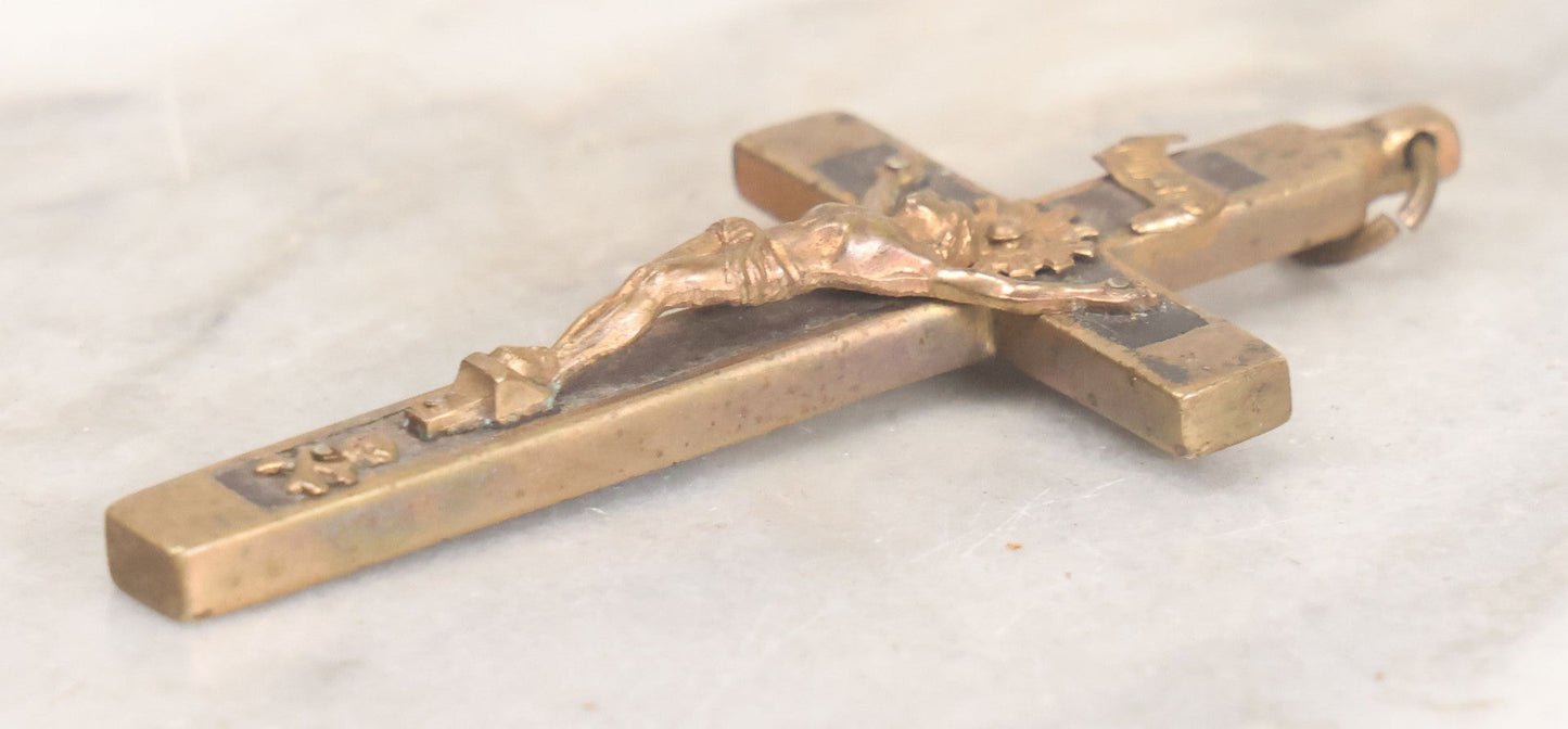 Lot 012 - Antique Ebony Wood And Brass Pectoral Crucifix With Skull Of Adam Skull And Crossbones, Likely European, 3-1/4" Height