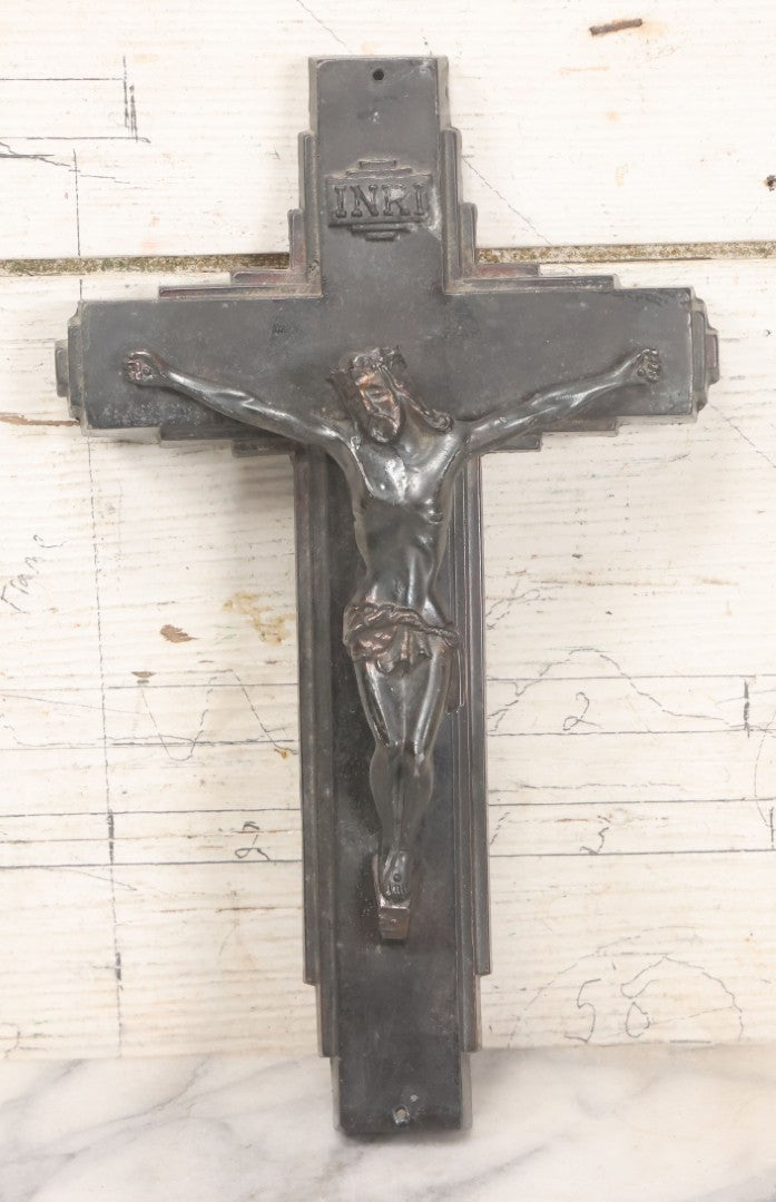 Lot 013 - Vintage Cast Metal Casket Funeral Crucifix With Bronze Patina And Geometric Design, 6-3/4" x 10-7/8"