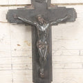 Lot 013 - Vintage Cast Metal Casket Funeral Crucifix With Bronze Patina And Geometric Design, 6-3/4" x 10-7/8"