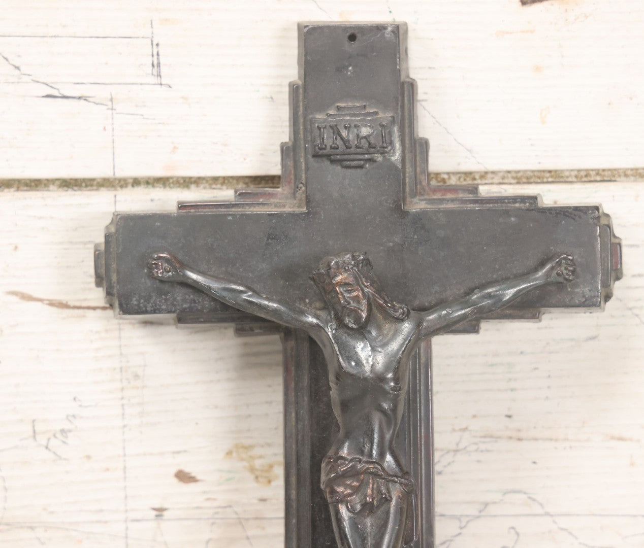 Lot 013 - Vintage Cast Metal Casket Funeral Crucifix With Bronze Patina And Geometric Design, 6-3/4" x 10-7/8"