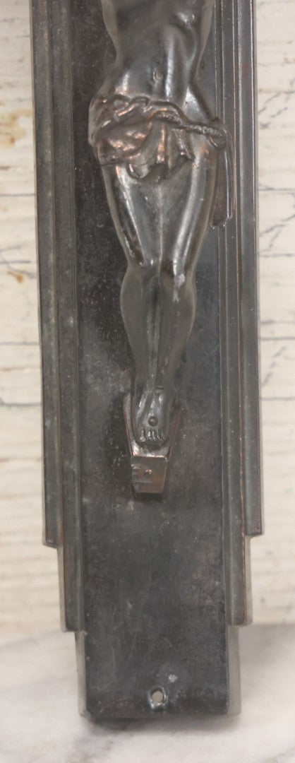 Lot 013 - Vintage Cast Metal Casket Funeral Crucifix With Bronze Patina And Geometric Design, 6-3/4" x 10-7/8"