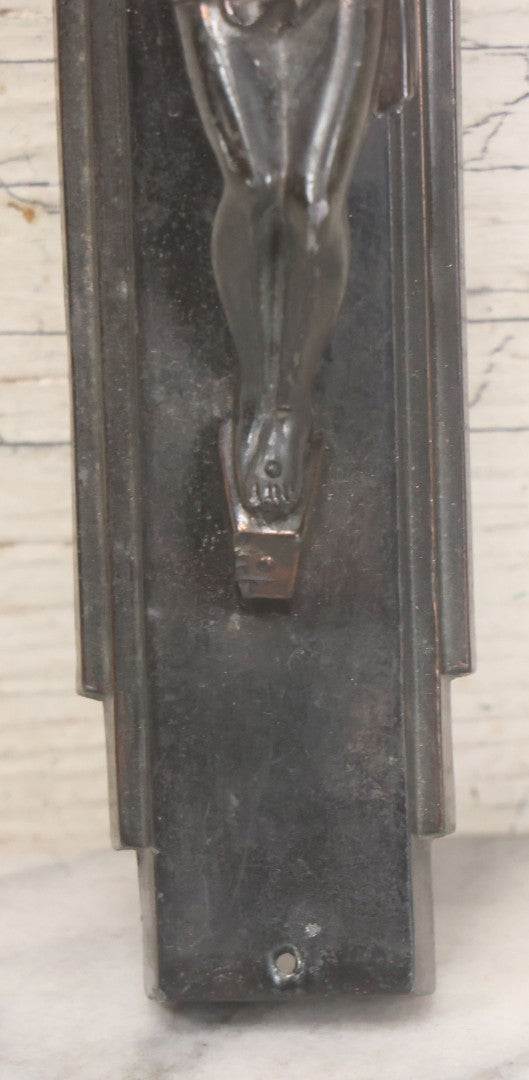 Lot 013 - Vintage Cast Metal Casket Funeral Crucifix With Bronze Patina And Geometric Design, 6-3/4" x 10-7/8"