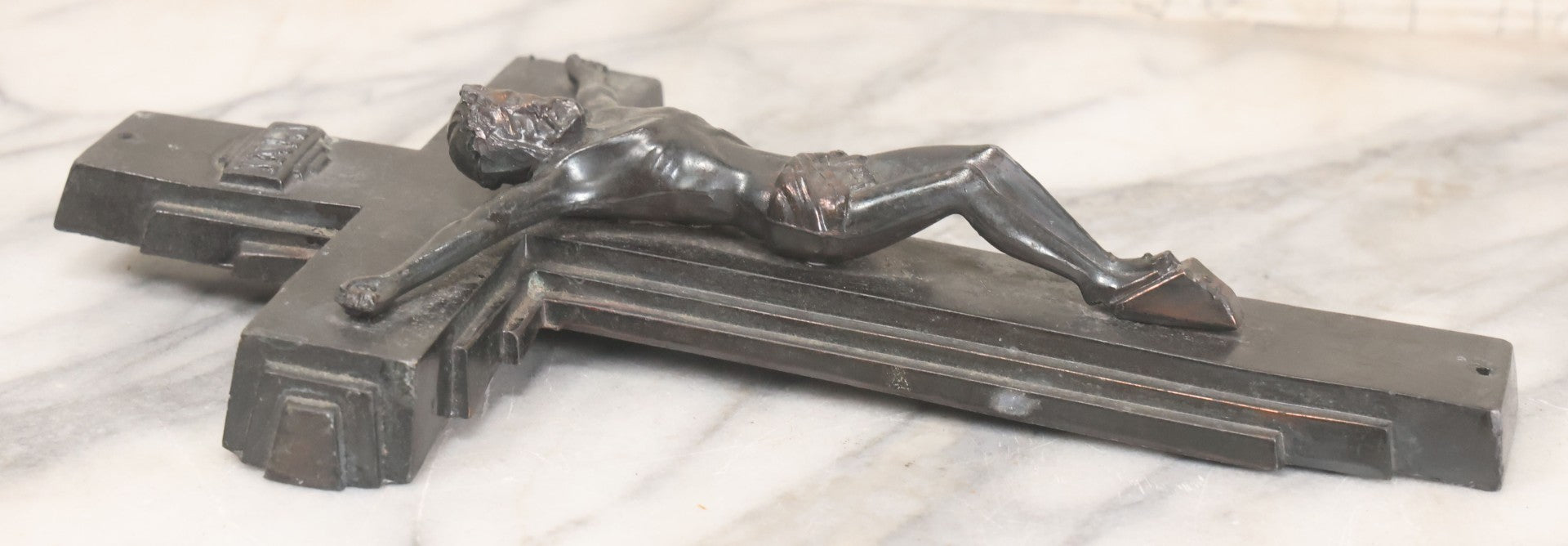 Lot 013 - Vintage Cast Metal Casket Funeral Crucifix With Bronze Patina And Geometric Design, 6-3/4" x 10-7/8"