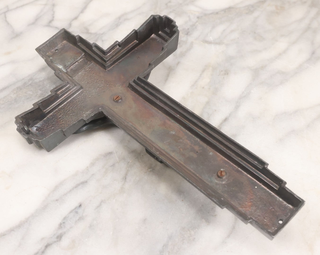 Lot 013 - Vintage Cast Metal Casket Funeral Crucifix With Bronze Patina And Geometric Design, 6-3/4" x 10-7/8"