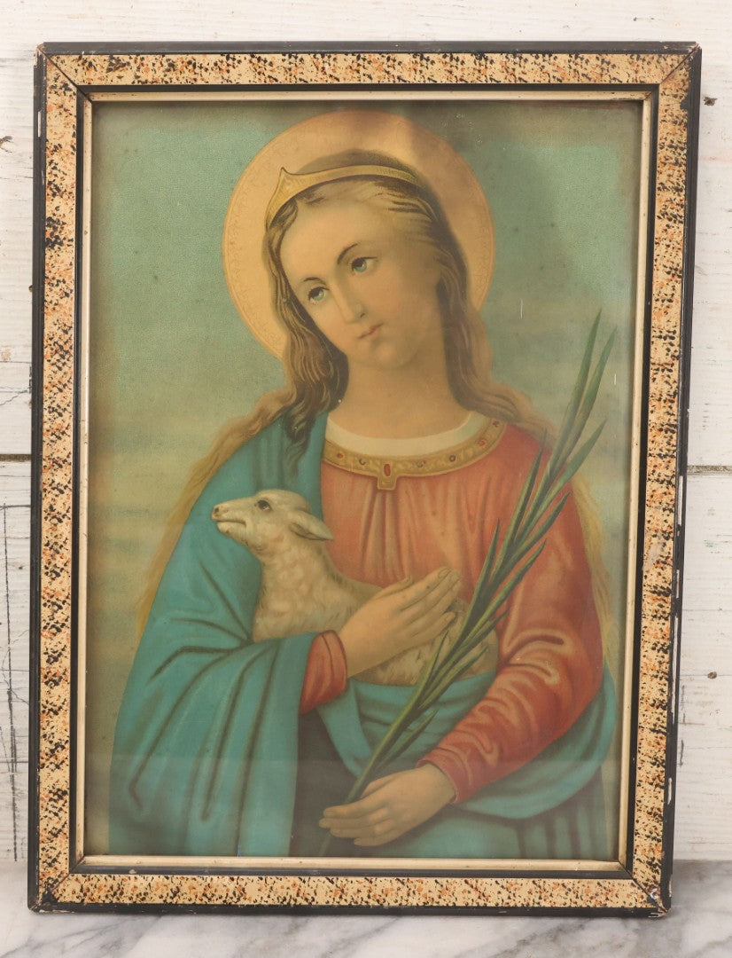 Lot 014 - Antique Chromolithograph Print Of Saint Agnes Of Rome, Venerated Virgin Martyr Catholic And Orthodox Saint, Depicted With Lamb And Palm Branch, In Period Frame, 12-1/2" x 16-3/4"