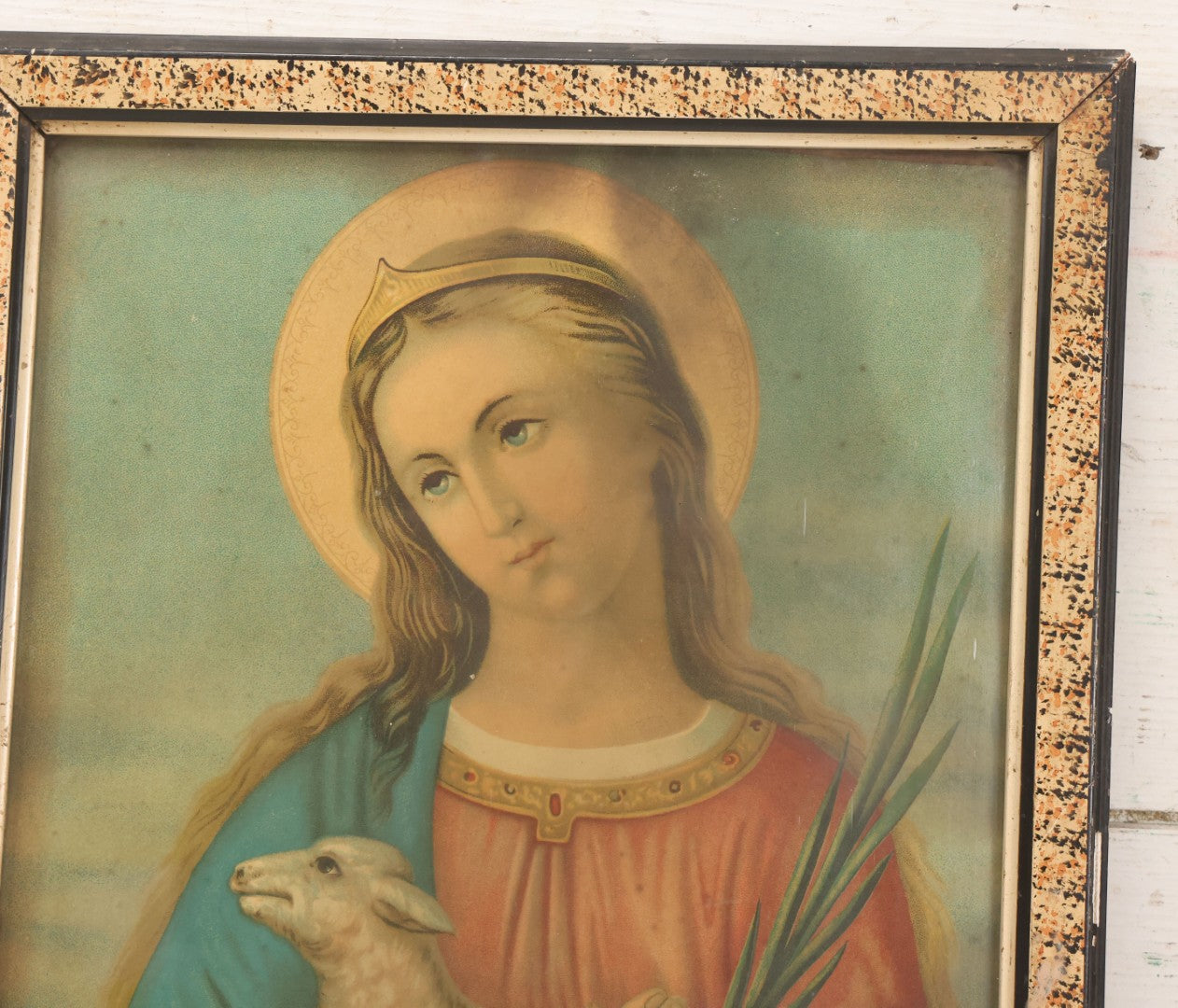 Lot 014 - Antique Chromolithograph Print Of Saint Agnes Of Rome, Venerated Virgin Martyr Catholic And Orthodox Saint, Depicted With Lamb And Palm Branch, In Period Frame, 12-1/2" x 16-3/4"
