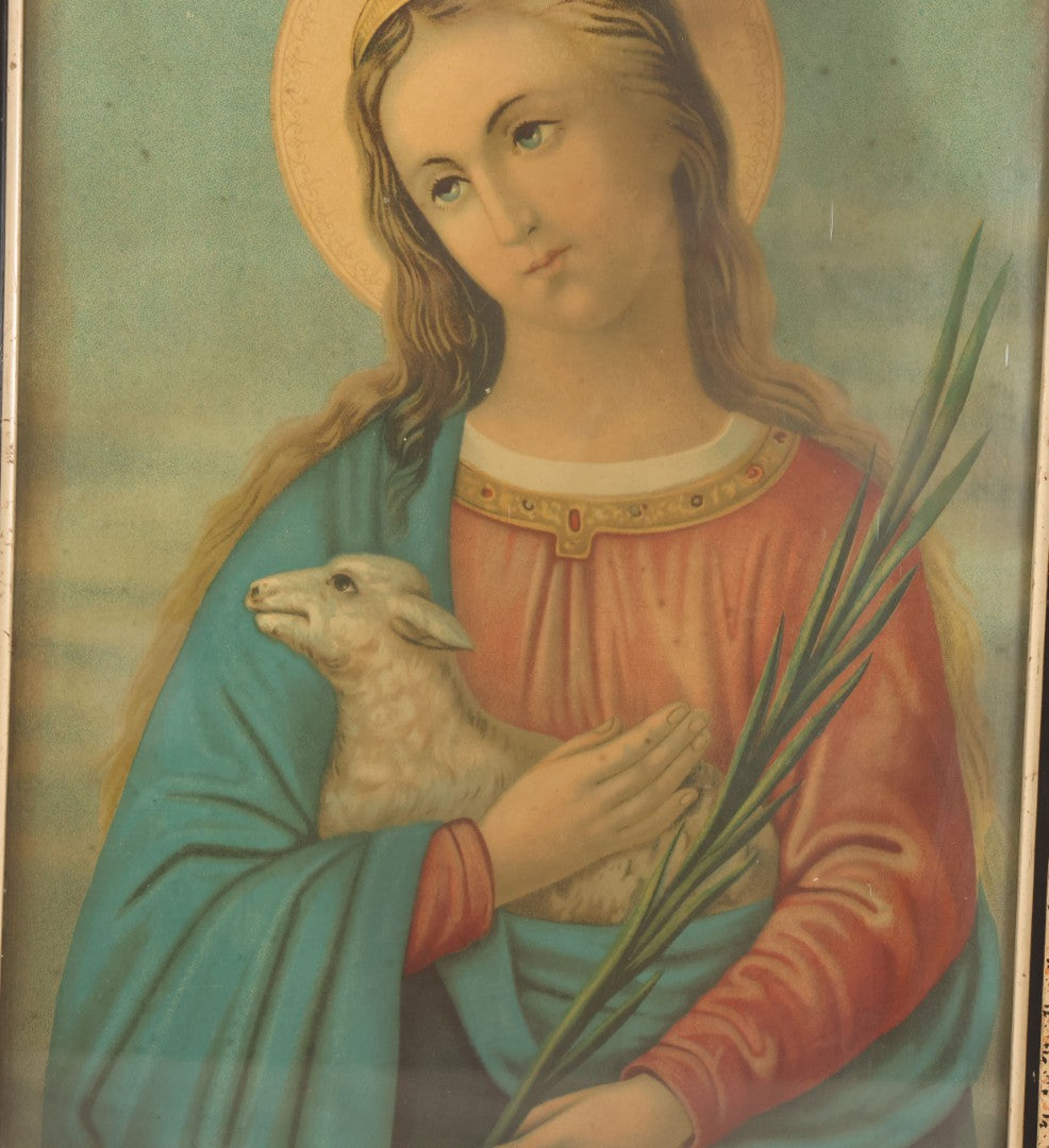 Lot 014 - Antique Chromolithograph Print Of Saint Agnes Of Rome, Venerated Virgin Martyr Catholic And Orthodox Saint, Depicted With Lamb And Palm Branch, In Period Frame, 12-1/2" x 16-3/4"
