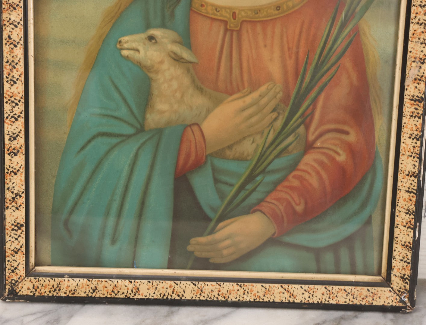 Lot 014 - Antique Chromolithograph Print Of Saint Agnes Of Rome, Venerated Virgin Martyr Catholic And Orthodox Saint, Depicted With Lamb And Palm Branch, In Period Frame, 12-1/2" x 16-3/4"