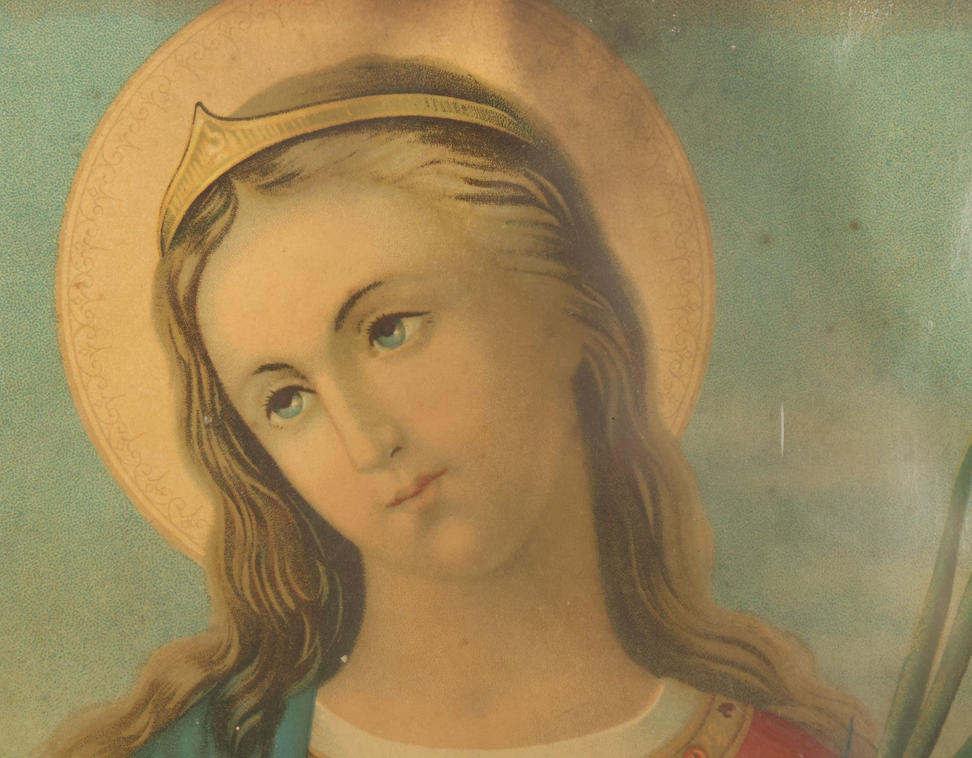 Lot 014 - Antique Chromolithograph Print Of Saint Agnes Of Rome, Venerated Virgin Martyr Catholic And Orthodox Saint, Depicted With Lamb And Palm Branch, In Period Frame, 12-1/2" x 16-3/4"