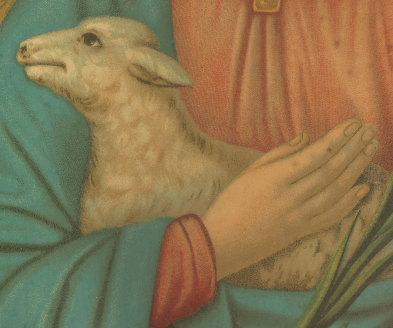 Lot 014 - Antique Chromolithograph Print Of Saint Agnes Of Rome, Venerated Virgin Martyr Catholic And Orthodox Saint, Depicted With Lamb And Palm Branch, In Period Frame, 12-1/2" x 16-3/4"