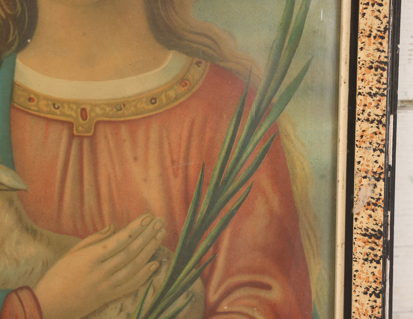 Lot 014 - Antique Chromolithograph Print Of Saint Agnes Of Rome, Venerated Virgin Martyr Catholic And Orthodox Saint, Depicted With Lamb And Palm Branch, In Period Frame, 12-1/2" x 16-3/4"