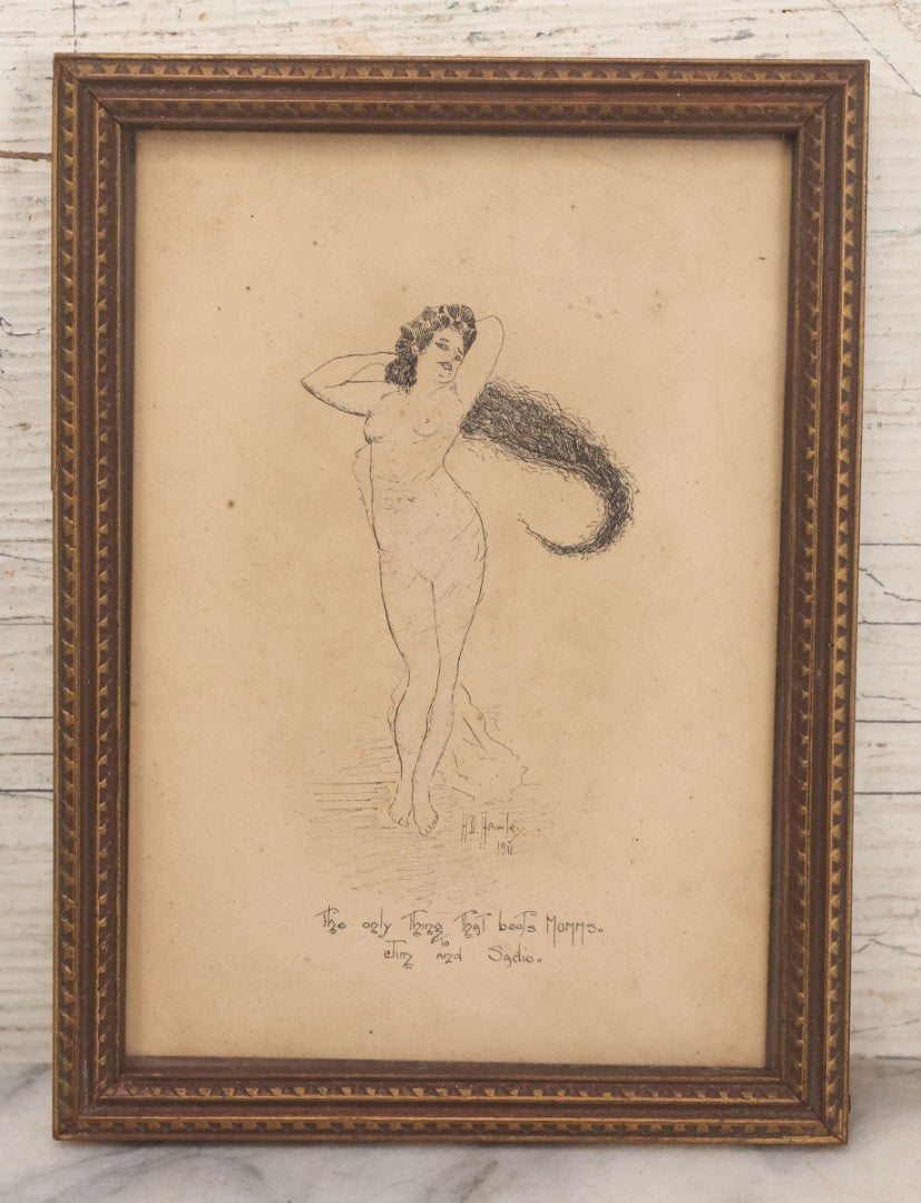 Lot 015 - Antique Pen And Ink Drawing On Board Of Nude Woman In Suggestive Pose With Cheeky Inscription "To Jim And Sadie" Artist Signed H.D. Hawley, Dated 1911, In Frame As Found, 5-3/4" x 7-3/4"