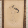 Lot 015 - Antique Pen And Ink Drawing On Board Of Nude Woman In Suggestive Pose With Cheeky Inscription "To Jim And Sadie" Artist Signed H.D. Hawley, Dated 1911, In Frame As Found, 5-3/4" x 7-3/4"
