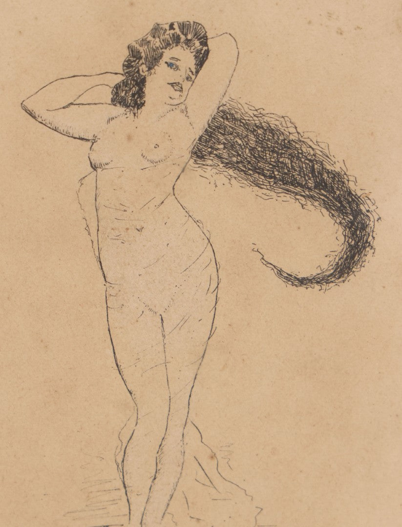 Lot 015 - Antique Pen And Ink Drawing On Board Of Nude Woman In Suggestive Pose With Cheeky Inscription "To Jim And Sadie" Artist Signed H.D. Hawley, Dated 1911, In Frame As Found, 5-3/4" x 7-3/4"