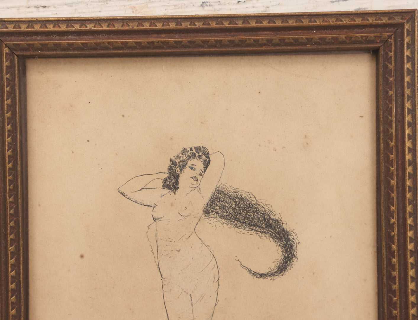 Lot 015 - Antique Pen And Ink Drawing On Board Of Nude Woman In Suggestive Pose With Cheeky Inscription "To Jim And Sadie" Artist Signed H.D. Hawley, Dated 1911, In Frame As Found, 5-3/4" x 7-3/4"