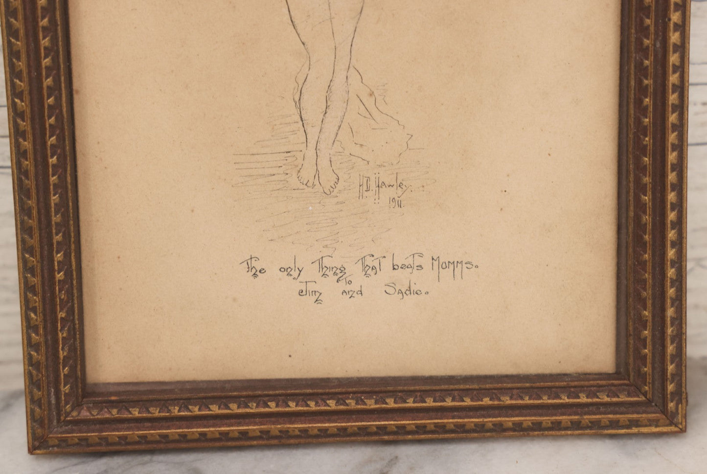 Lot 015 - Antique Pen And Ink Drawing On Board Of Nude Woman In Suggestive Pose With Cheeky Inscription "To Jim And Sadie" Artist Signed H.D. Hawley, Dated 1911, In Frame As Found, 5-3/4" x 7-3/4"