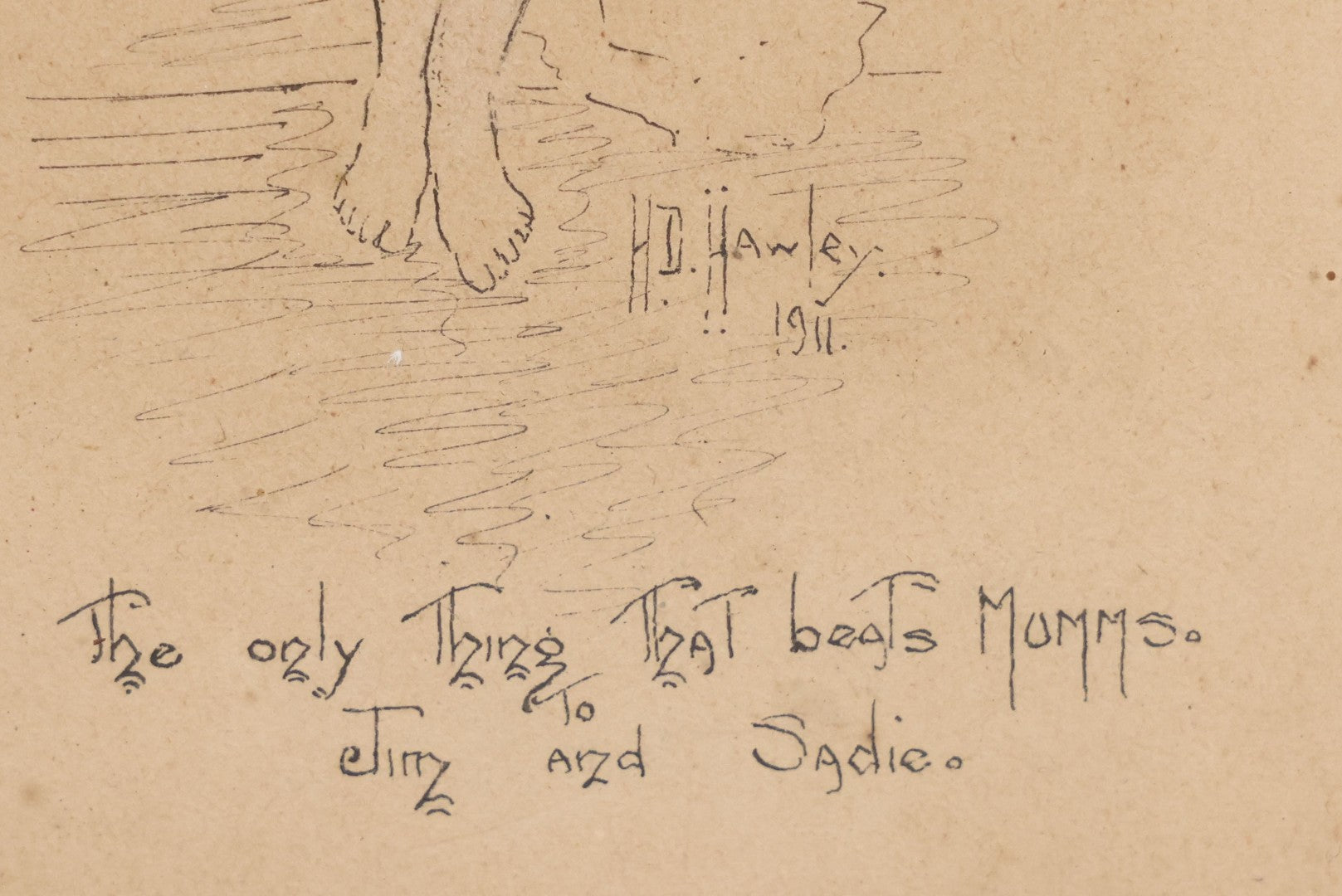 Lot 015 - Antique Pen And Ink Drawing On Board Of Nude Woman In Suggestive Pose With Cheeky Inscription "To Jim And Sadie" Artist Signed H.D. Hawley, Dated 1911, In Frame As Found, 5-3/4" x 7-3/4"