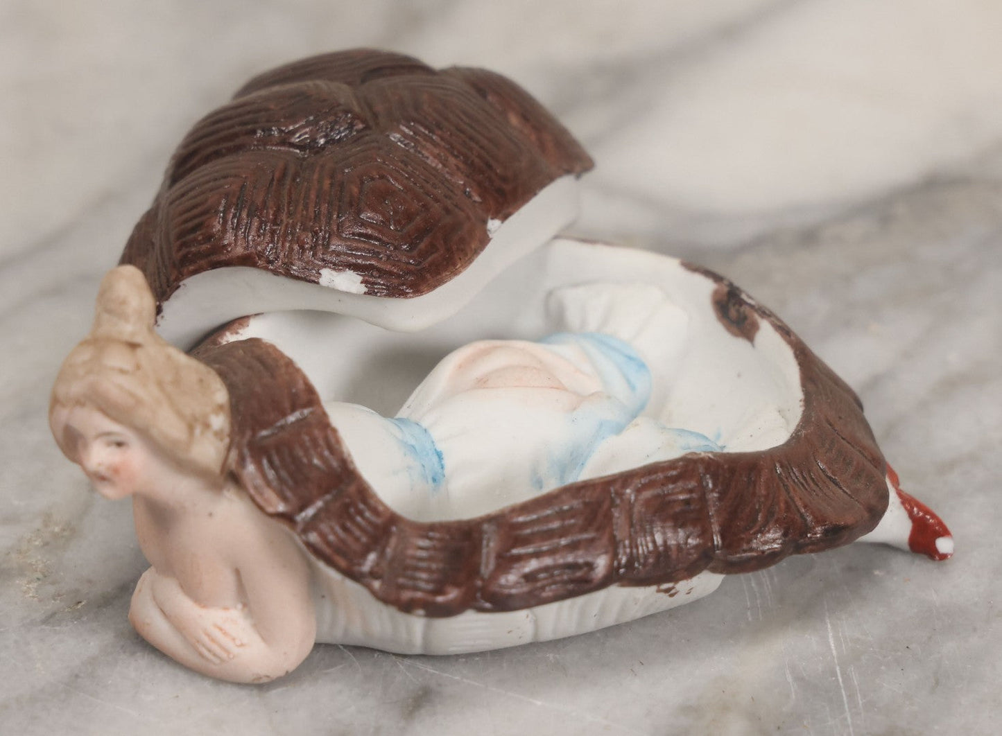 Lot 016 - Antique German Bisque Half Doll Turtle Lady, Risque Figurine, Butt Exposed When Turtle Shell Removed, Note Chips To Shell