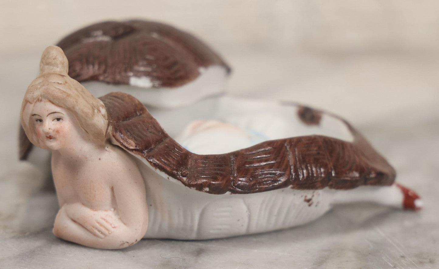 Lot 016 - Antique German Bisque Half Doll Turtle Lady, Risque Figurine, Butt Exposed When Turtle Shell Removed, Note Chips To Shell