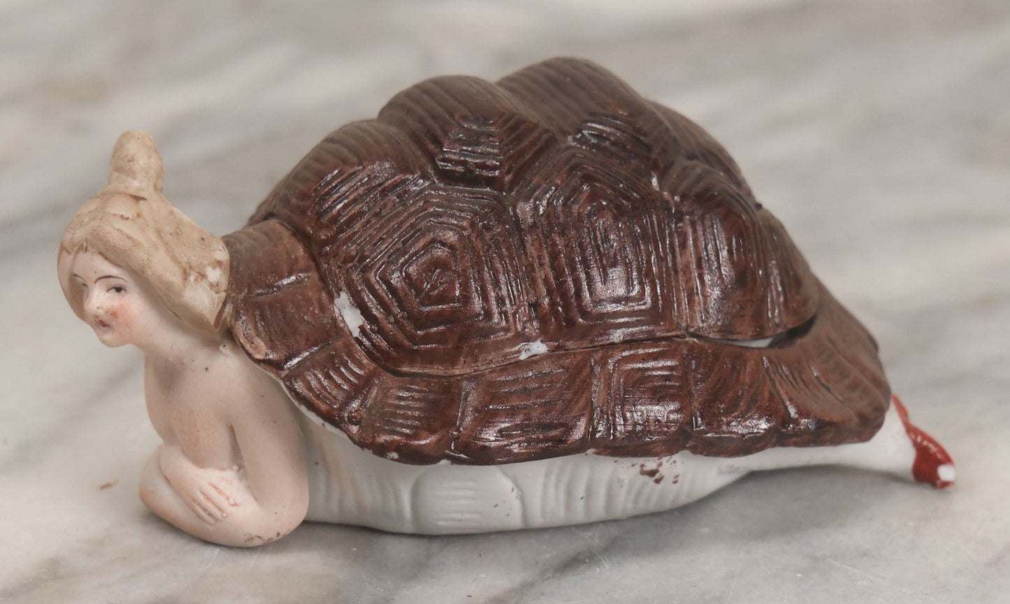 Lot 016 - Antique German Bisque Half Doll Turtle Lady, Risque Figurine, Butt Exposed When Turtle Shell Removed, Note Chips To Shell