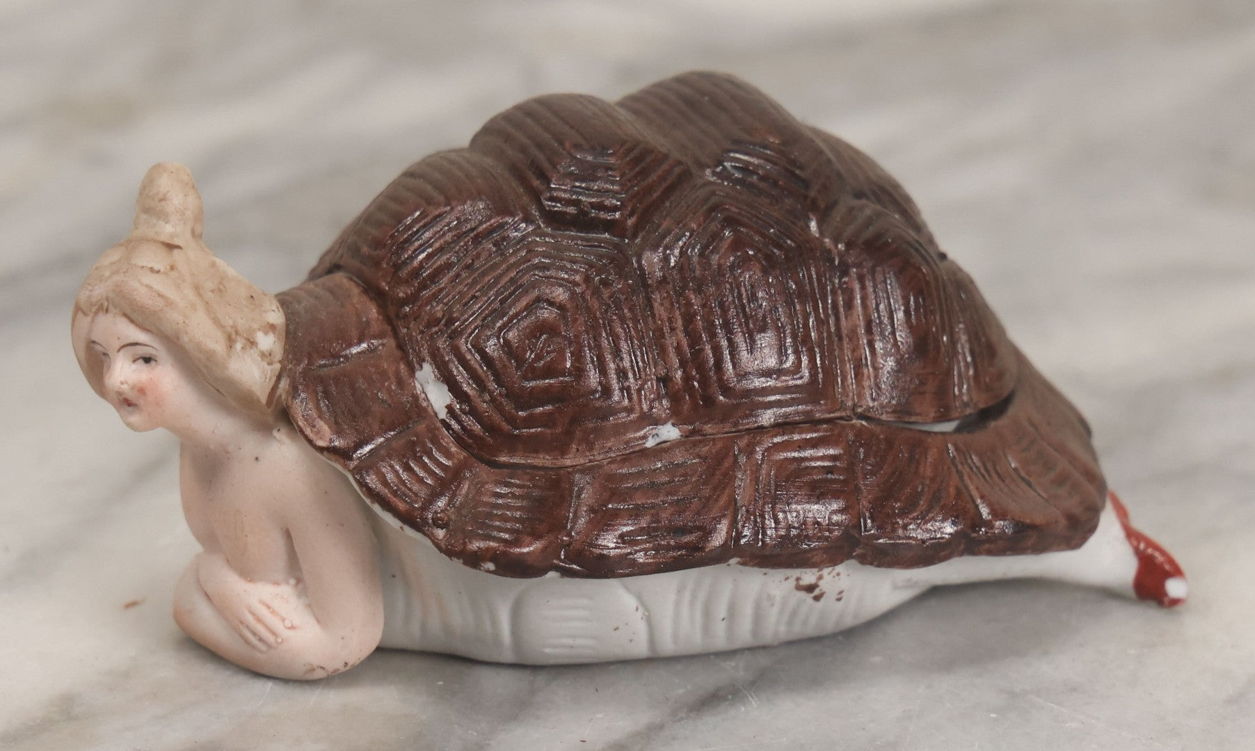 Lot 016 - Antique German Bisque Half Doll Turtle Lady, Risque Figurine, Butt Exposed When Turtle Shell Removed, Note Chips To Shell