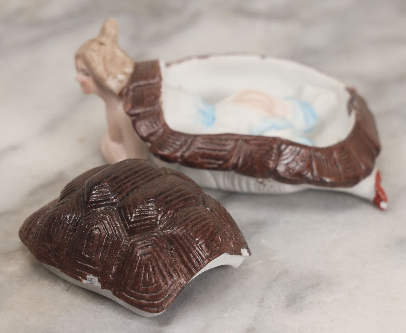 Lot 016 - Antique German Bisque Half Doll Turtle Lady, Risque Figurine, Butt Exposed When Turtle Shell Removed, Note Chips To Shell