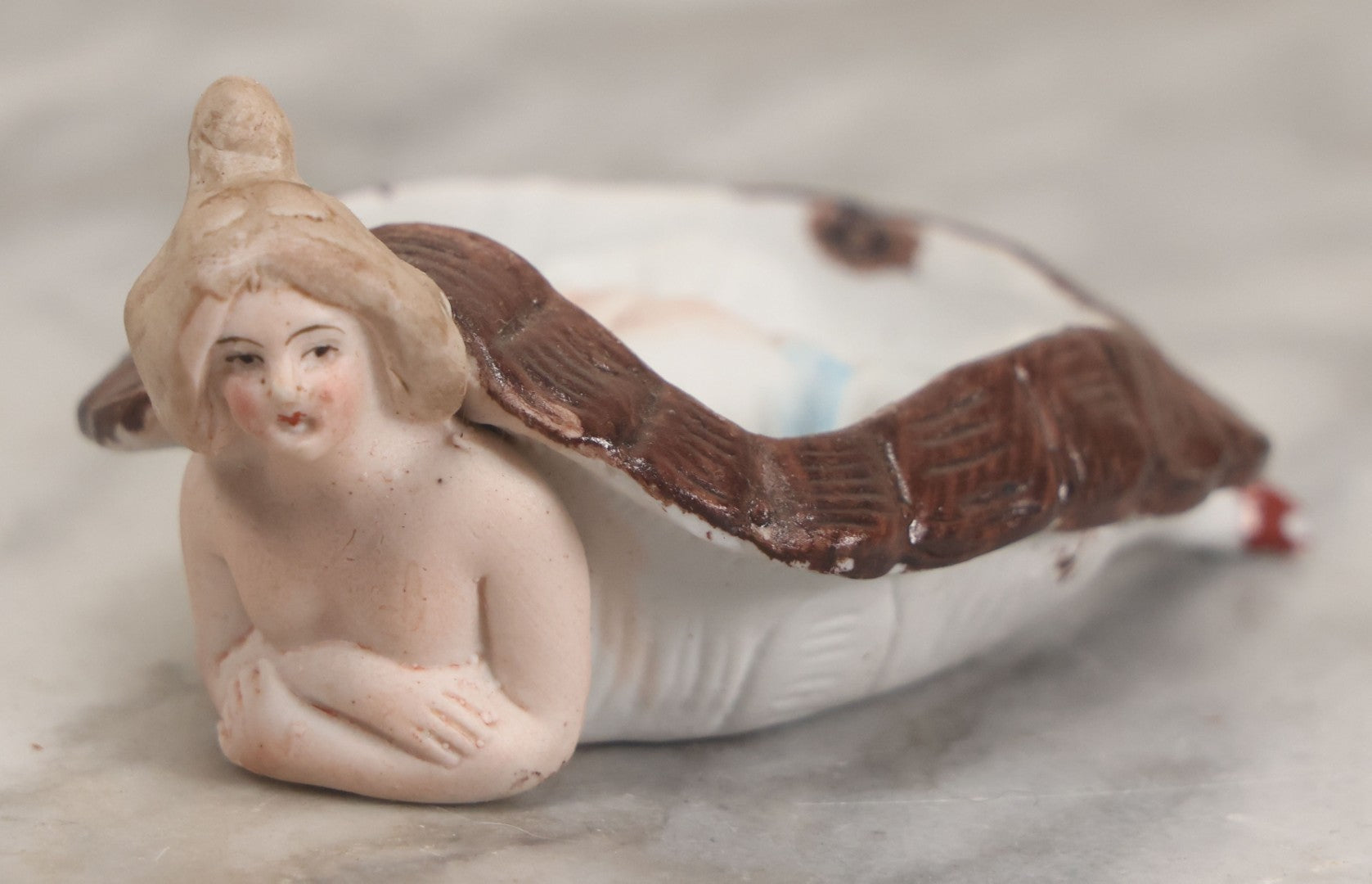 Lot 016 - Antique German Bisque Half Doll Turtle Lady, Risque Figurine, Butt Exposed When Turtle Shell Removed, Note Chips To Shell
