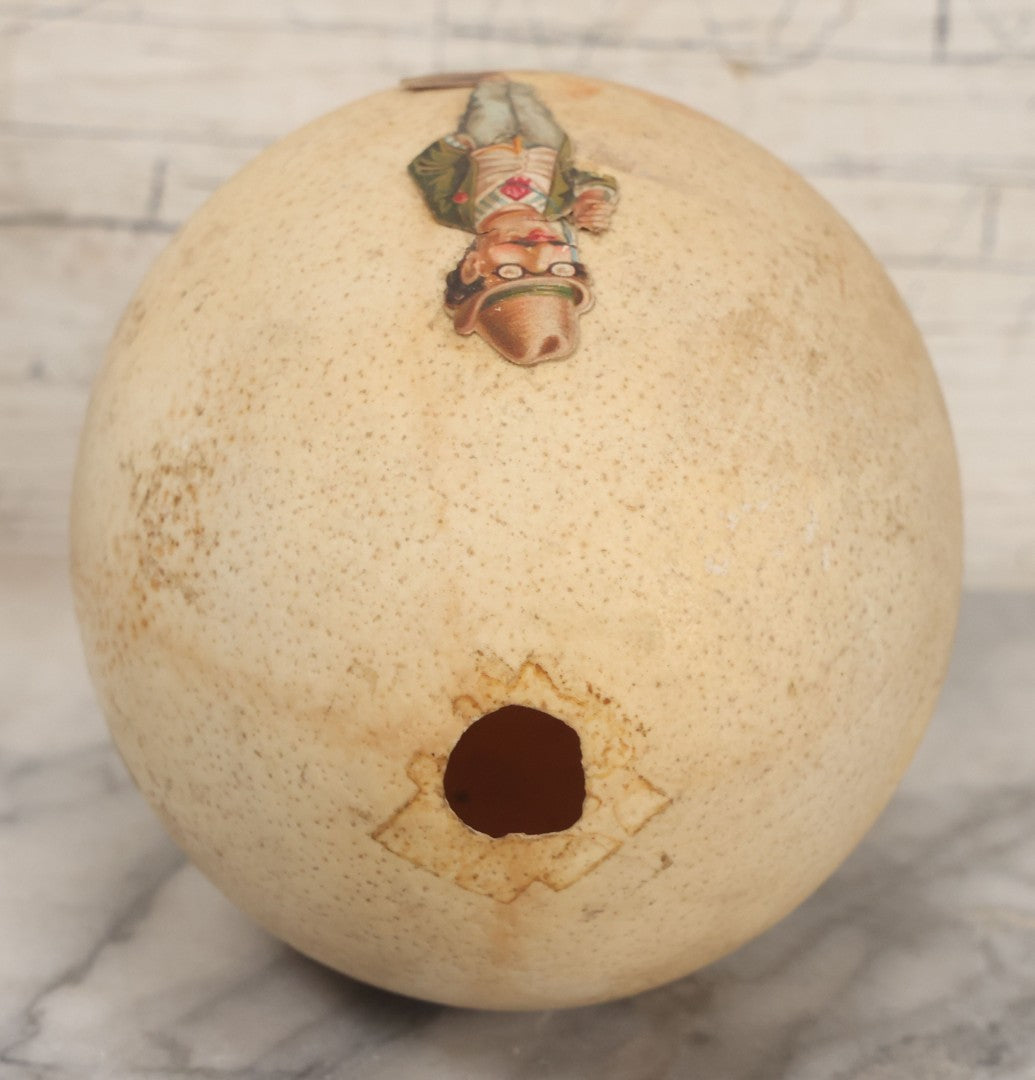 Lot 017 - Antique Genuine Ostrich Egg Specimen With Two Applied Victorian Die Cut Scraps Of Cheeky Caricatures, Note Originally Had More Scraps Attached, As Found
