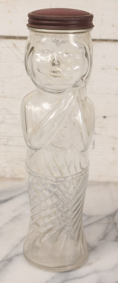 Lot 018 - Vintage Flapper Girl Clear Glass Figural Jar With Original Red Metal Lid, 10-3/4" Height