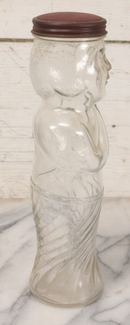 Lot 018 - Vintage Flapper Girl Clear Glass Figural Jar With Original Red Metal Lid, 10-3/4" Height