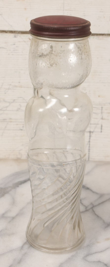 Lot 018 - Vintage Flapper Girl Clear Glass Figural Jar With Original Red Metal Lid, 10-3/4" Height